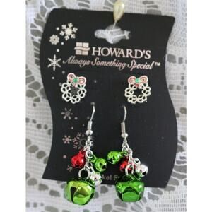 New Green Jingle Bell Pierced Dangle Earrings Christmas Wreath Post Earrings Set